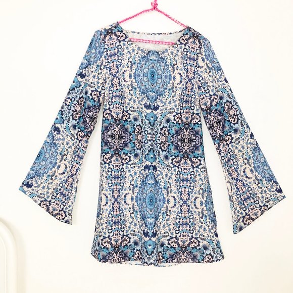Stunning 70s Bohemian Bell Flare Sleeve Mini Dress - Picture 4 of 7